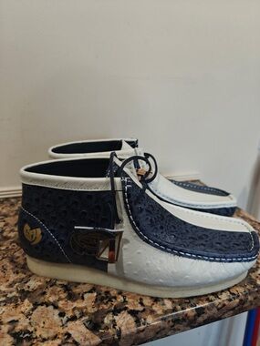 Navy and White Leather Moccasin Boots